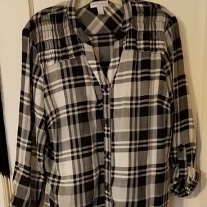 Fashion Bug Black plaid open v-neck Blouse